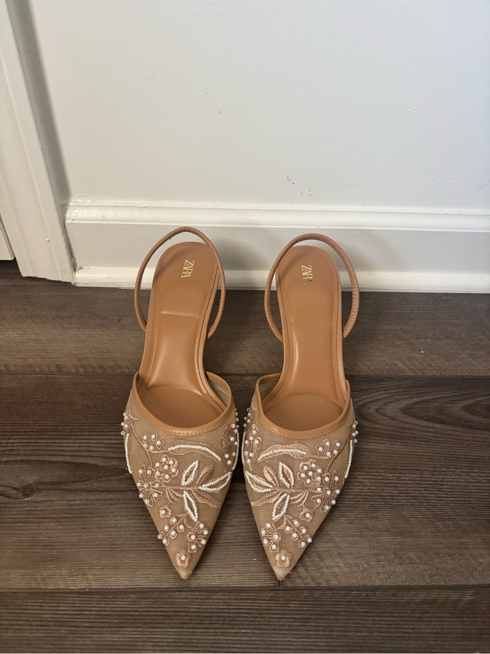 ZARA Tan Embellished Pointed Toe Slingback Mules